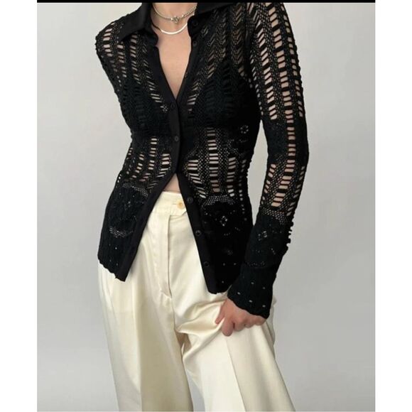 Anne Fontaine Tops - ANNE FONTAINE Black Lace Blouse Long Sleeve Collared Top Designer